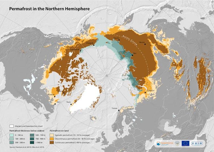 A map shows where permafrost is found, both in ground and below the ocean.