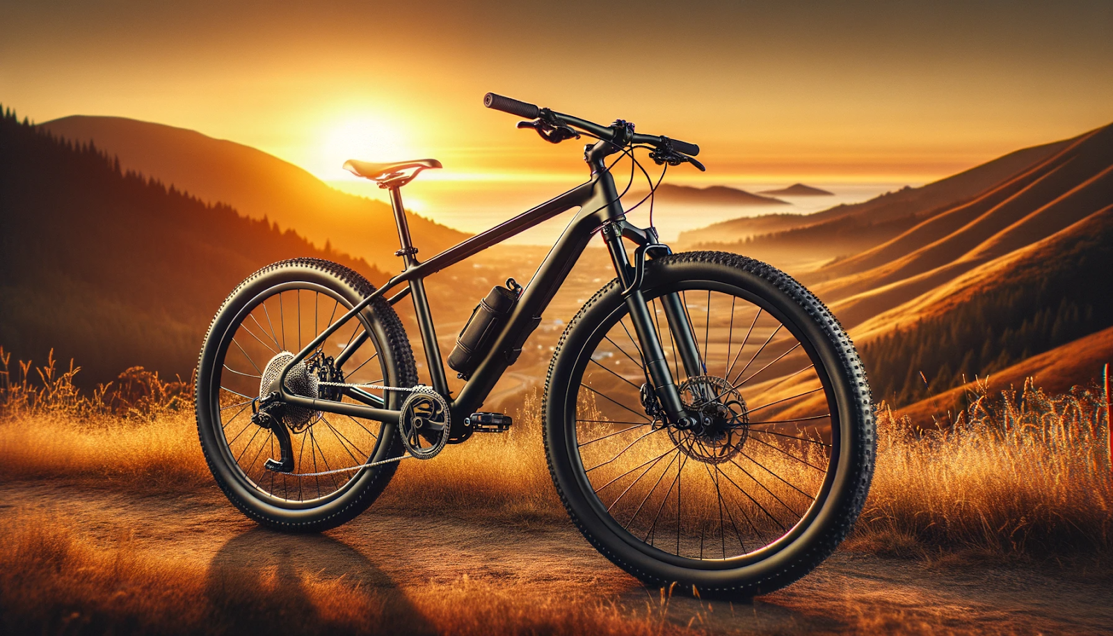 Hybrid bike showcased against a scenic backdrop with the setting sun casting a warm glow, emphasizing its medium-weight frame, flat handlebars, and unique tire width.