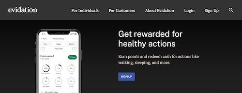 The Evidation homepage explaining how the platform rewards you with cash for healthy actions.