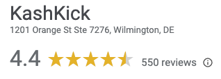 A screentshot of KashKick's 4.4-star Google rating with 550 reviews. 