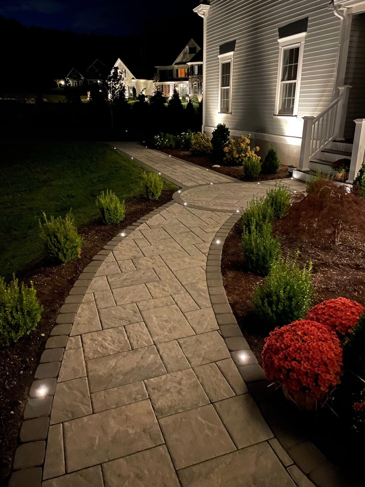Exterior house lighting includes pathway lighting
