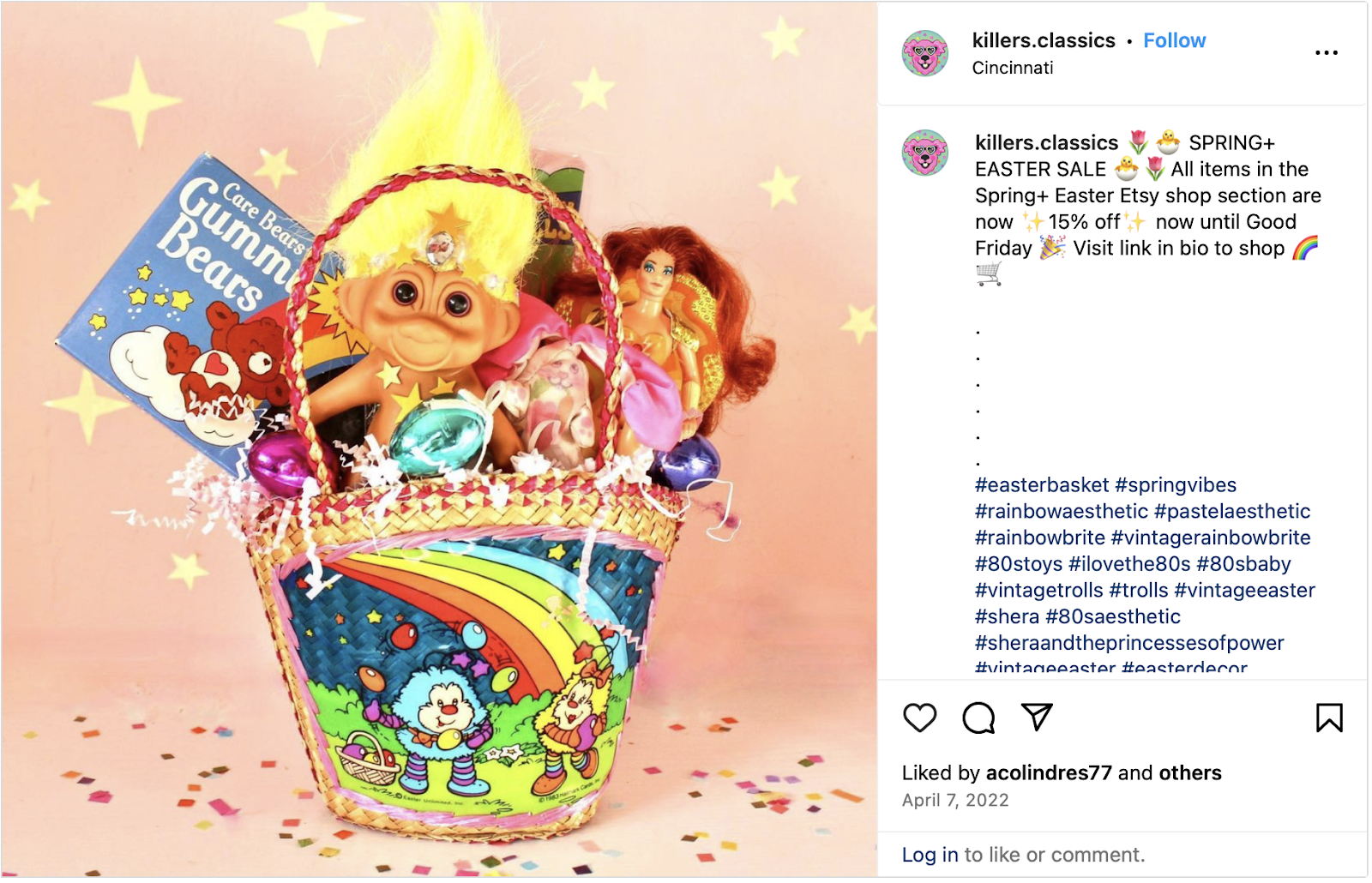 Easter marketing strategy example: Screenshot of Instagram post featuring a nostalgia-themed Easter basket next to the caption "SPRING+EASTER SALE. All items in the Spring+Easter Etsy shop section are now 15% off now until Good Friday. Visit link in bio to shop"