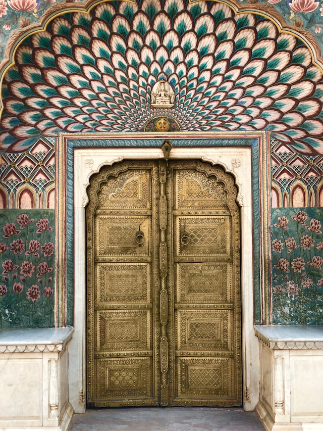 A door with floral motifs all around