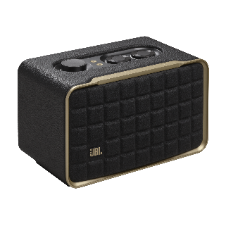 A black and gold rectangular speaker Description automatically generated