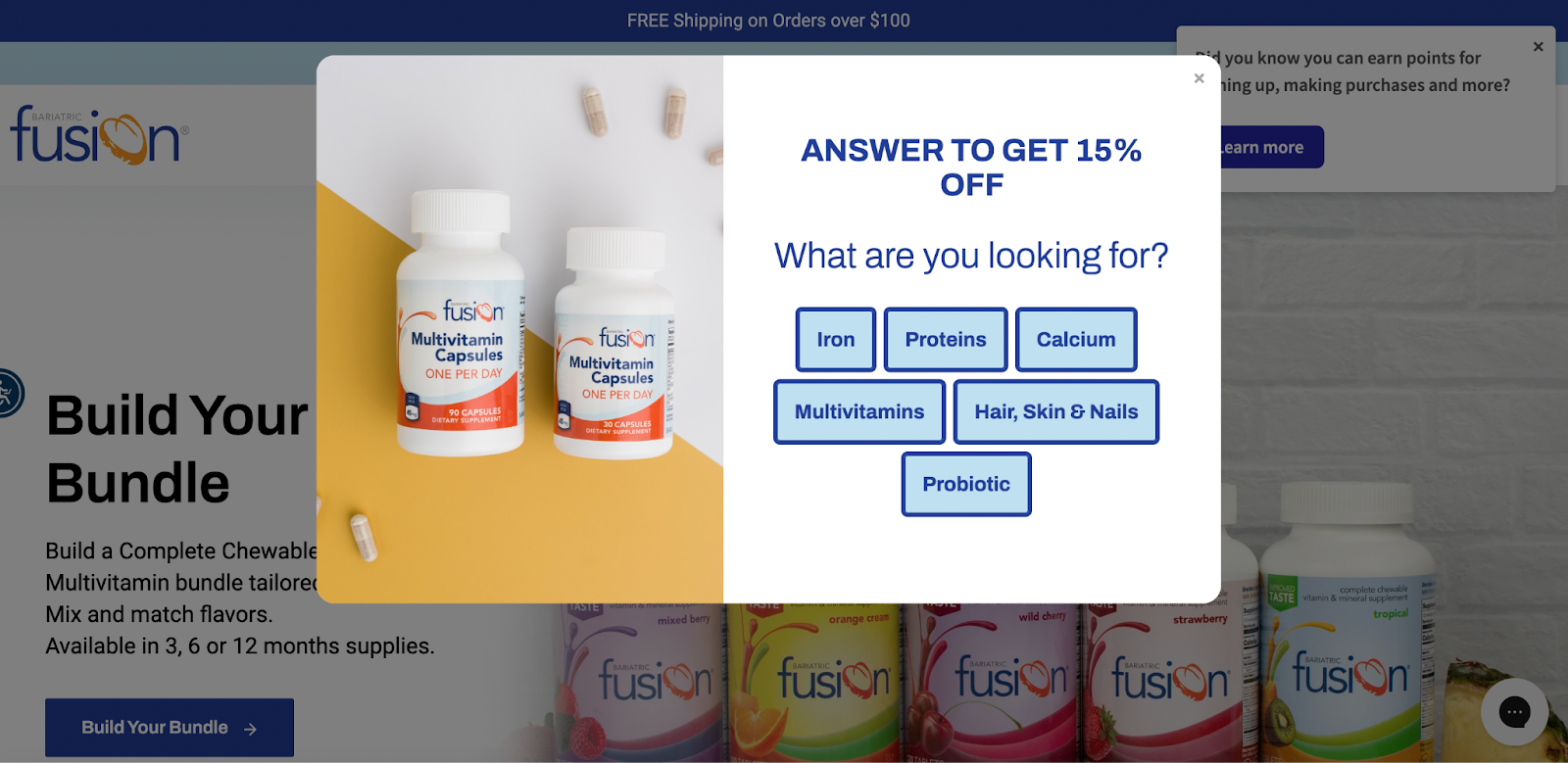 Pop-ups on the Bariatric Fusion website.