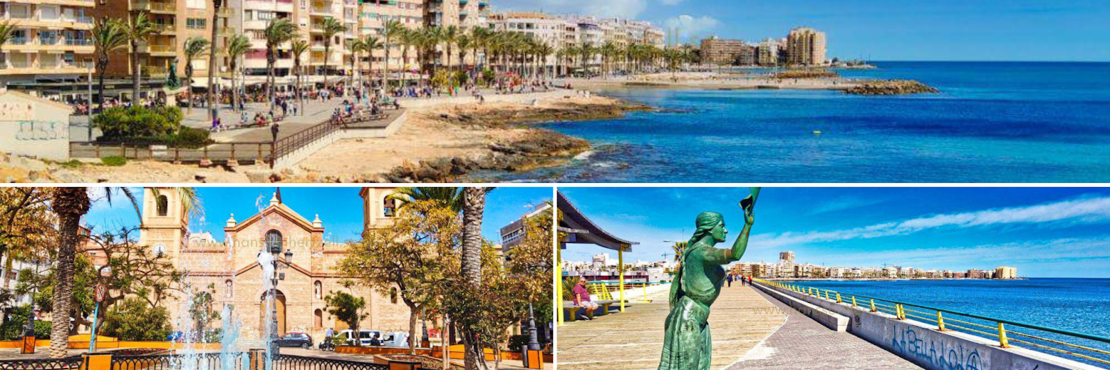 Plage, église et jetée du centre-ville de Torrevieja.