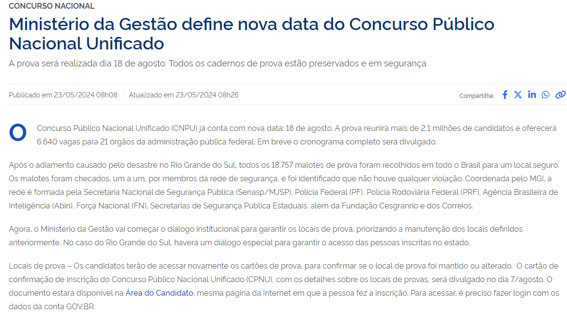 Ministério da Gestão define nova data do Concurso Público Nacional Unificado