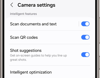 Camera settings menu on Galaxy phone