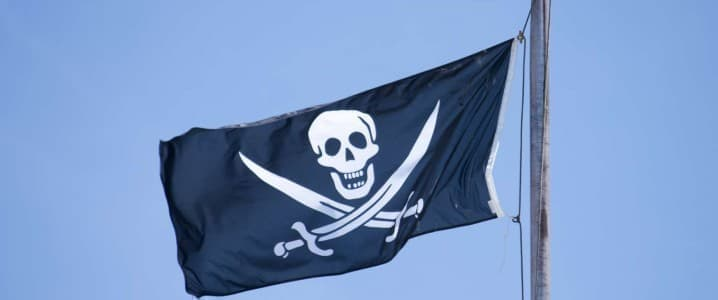A flag with a skull and cross swords

Description automatically generated