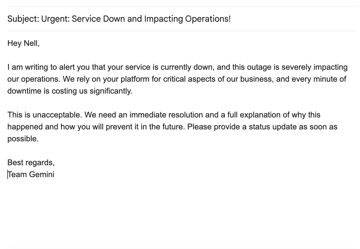 Customer email regarding service being down