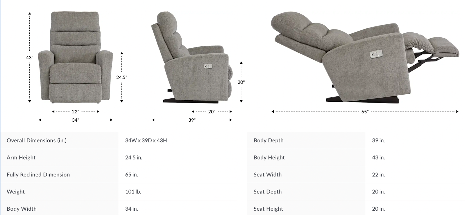 liam power rocking recliner w/ headrest & lumbar dimensions