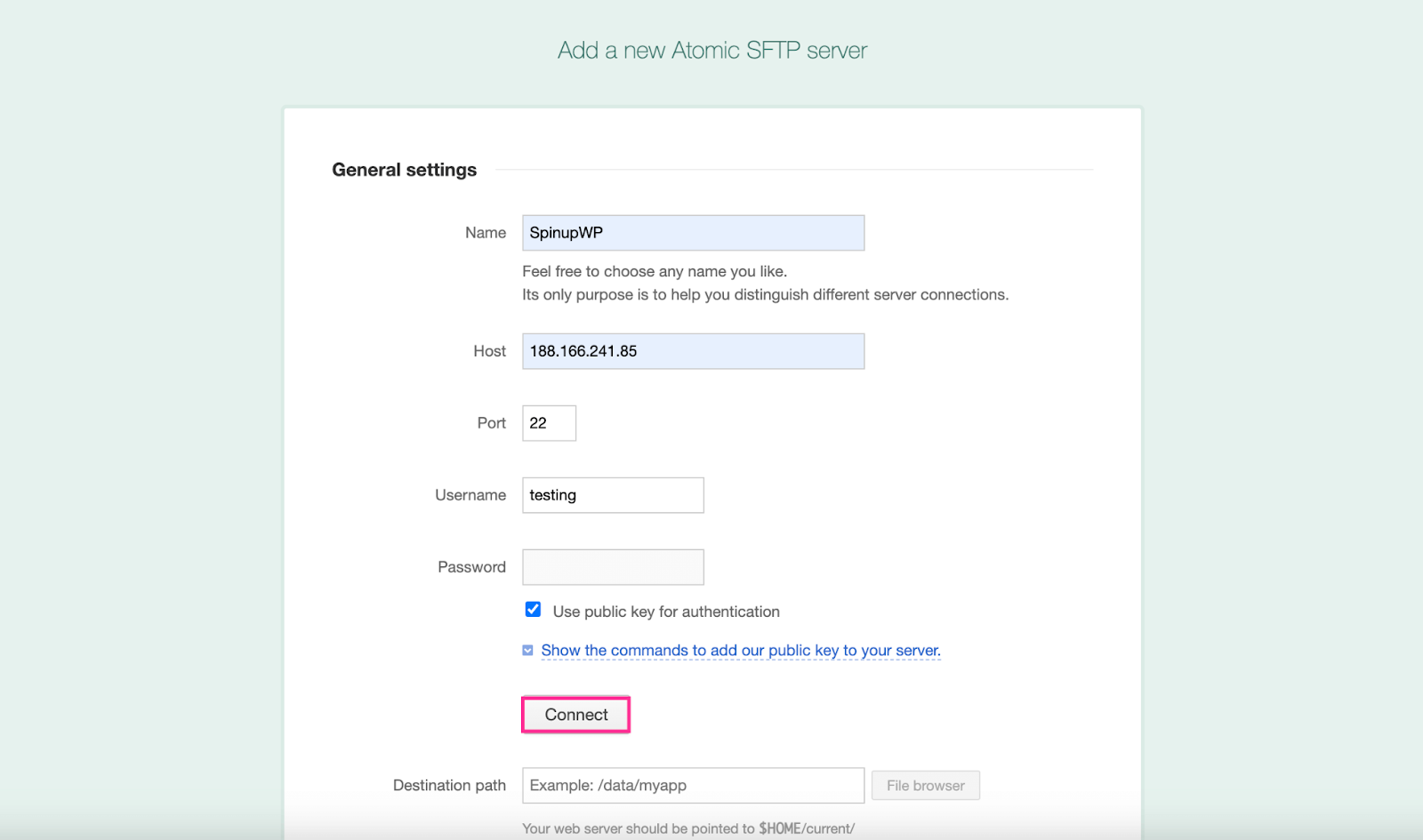 General settings of Atomic SFTP server configuration