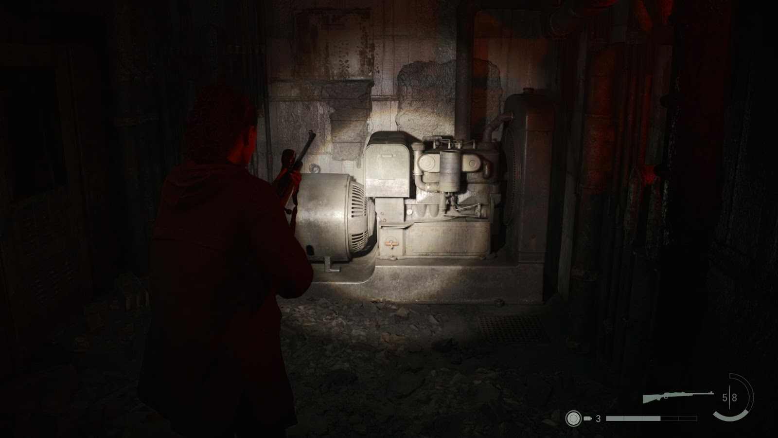 An in game screenshot of Saga switching on a generator from Alan Wake 2. 