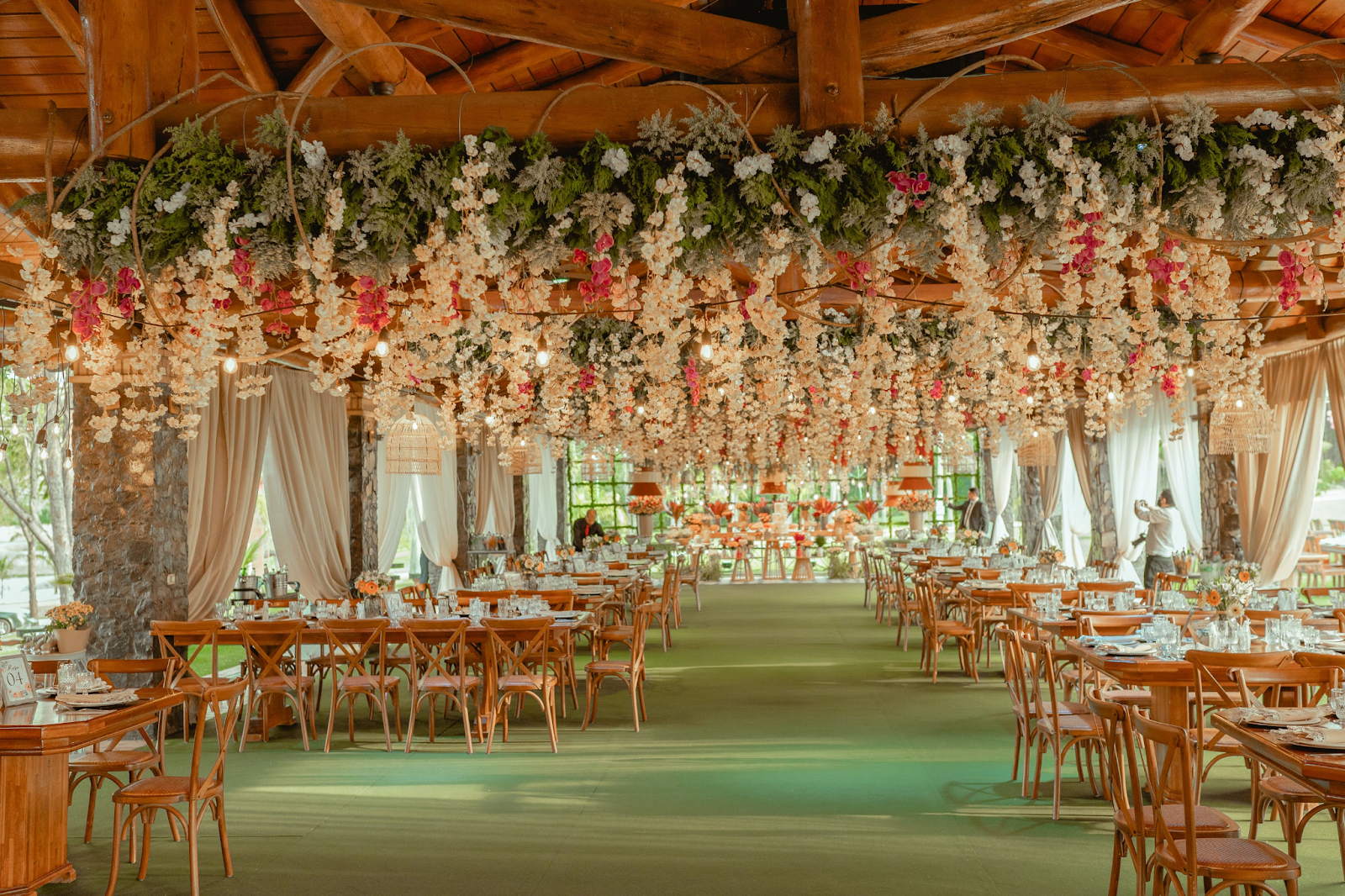 wedding flowers hanging on the ceiling