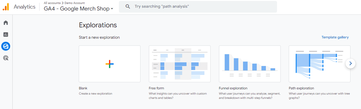Click Blank in Explore to create an Organic Search Traffic Report