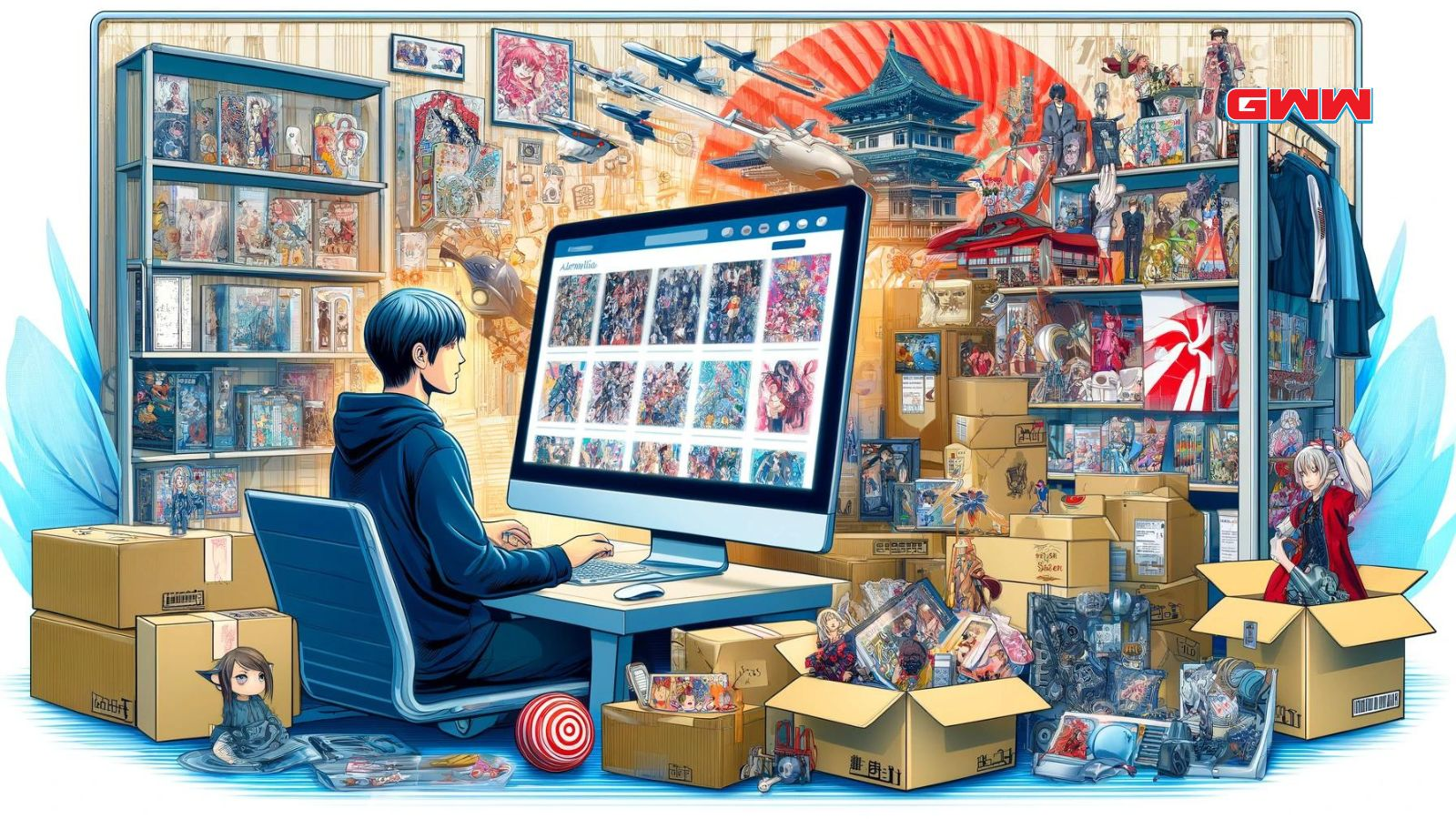 Anime boy ordering merchandise online