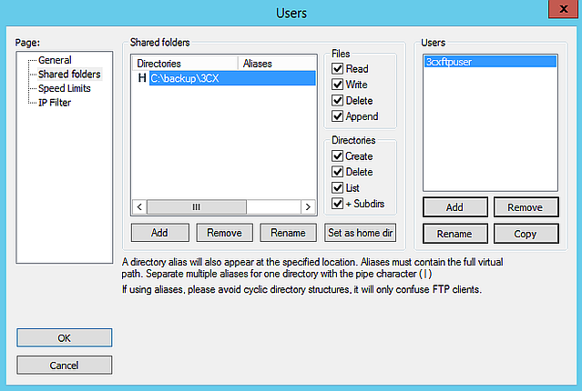 Использование сервера FTP Windows для резервирования 3CX Перейдите на страницу "Shared Folders " в левом боковом меню
