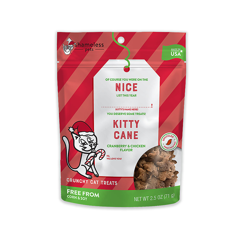 Shameless pets - kitty cane cranberry and chicken flavor, free from corn and soy. The perfect holiday cat gift for your furry friend.