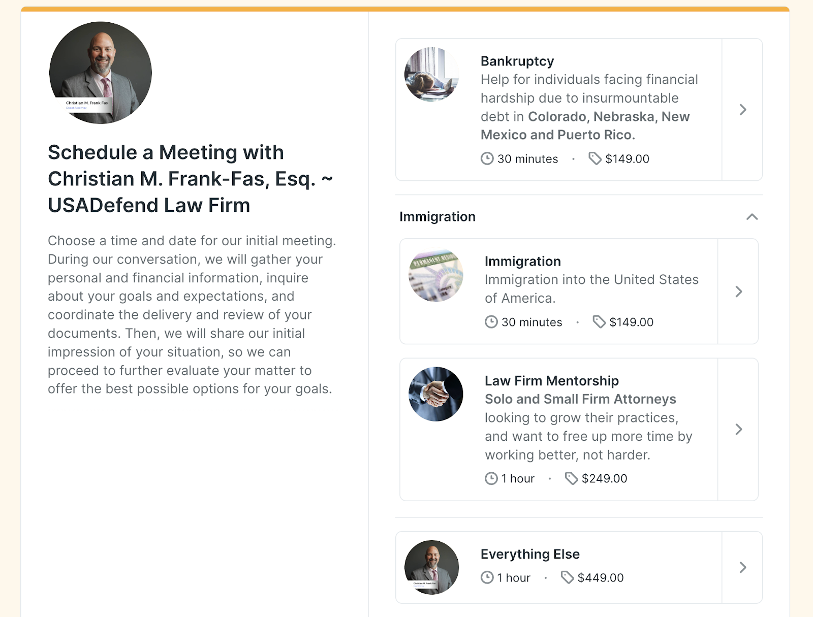 Law firm booking page example