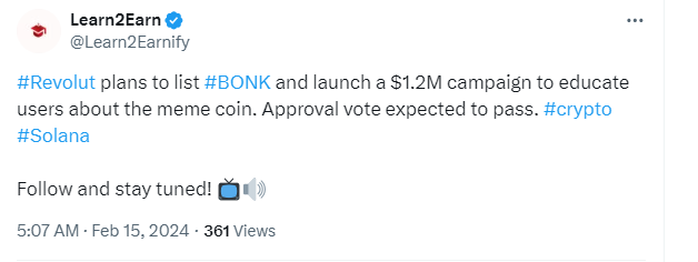 Rumors of Alliance with Revolut Skyrocketed Bonk’s Price By 7% 