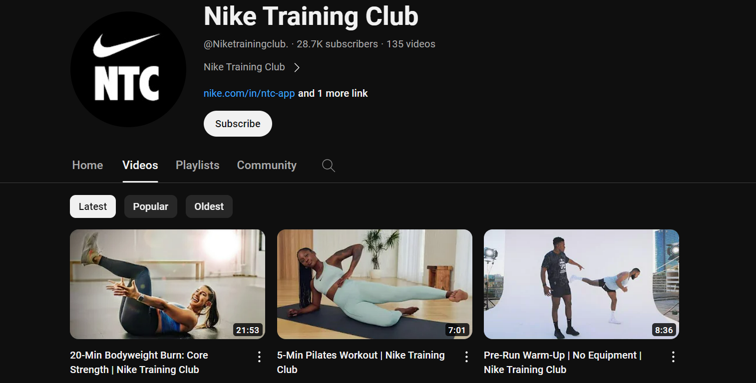 Nike training club YouTube Channel 