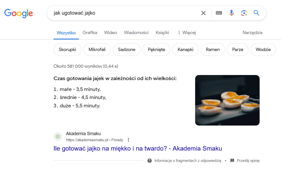 zrzut ekranu z zapytania jak ugotowc jajko wpisanego do wyszukiwarki google