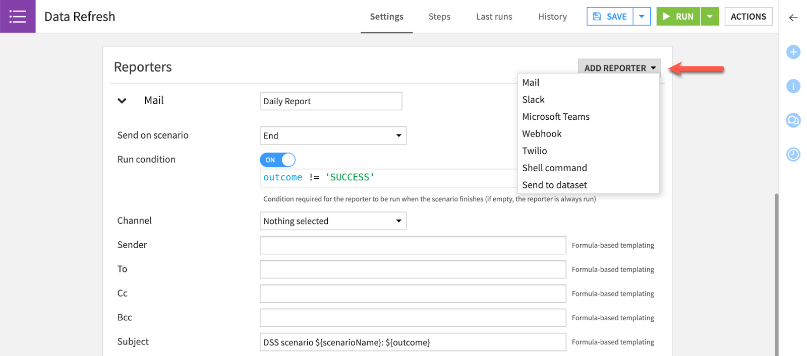 Easily create reporters to notify users of scenario status, so that they are always in the know. 