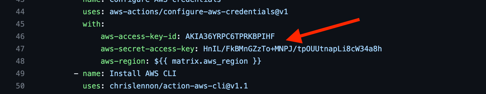 Example of a leaked AWS key within a public git repository from Sumo Logic 