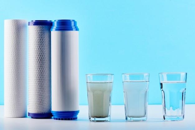Water filters concept. Carbon cartridges and a three glasses on a white blue background. Household filtration system.