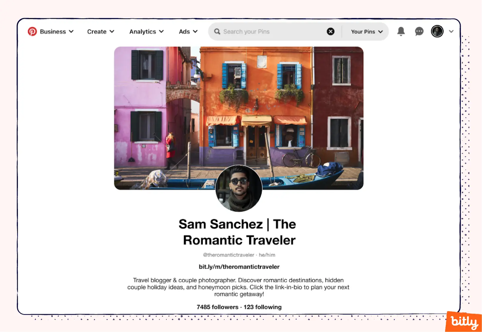 A screenshot of Sam Sanchez's Pinterest bio