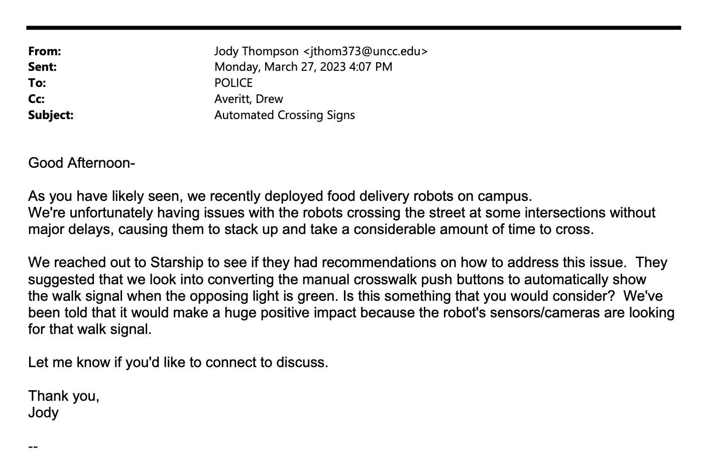 An email explaining the robots had trouble crossing the street