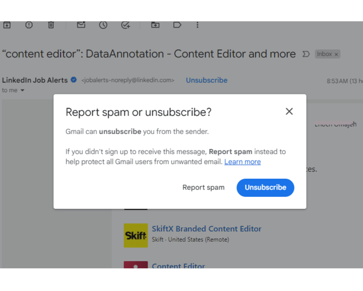 Pop-up window saying Report spam or unsubscribe?