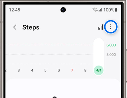 Three vertical dots highlighted in Steps within the Samsung Health app