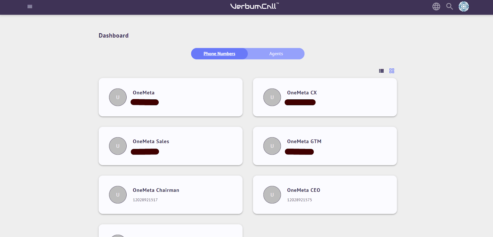 VerbumCall Admin Dashboard Phone Numbers