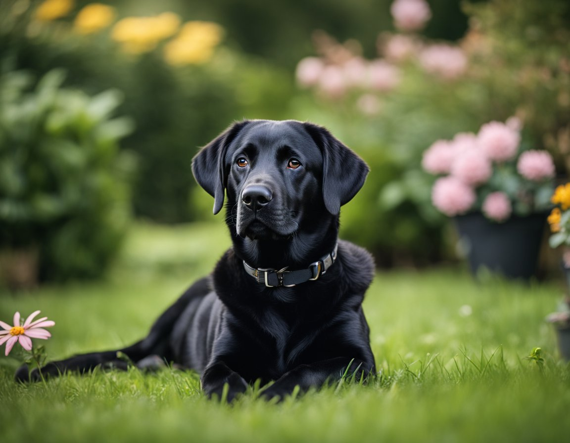 a black labrador retriever lying in a beautiful garden 