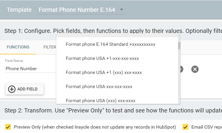 bulk phone number formatting templates in Insycle