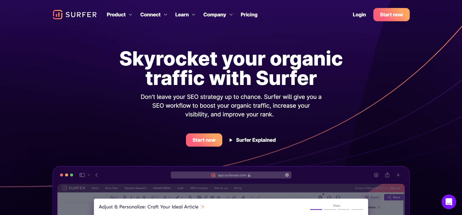 A screenshot of Surfer's website