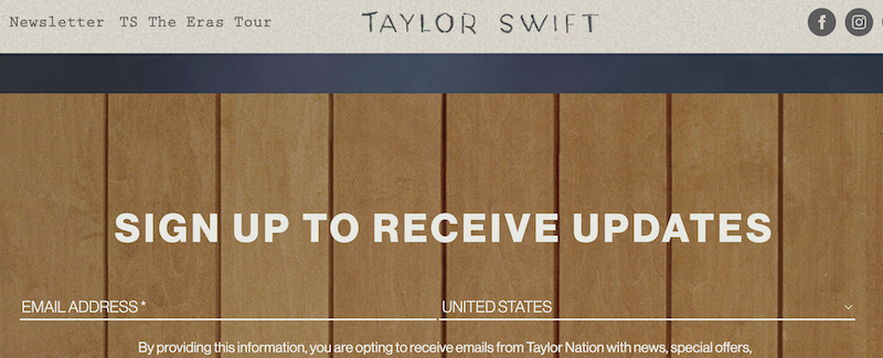Screenshot of Taylor Swift’s email sign up form on her website