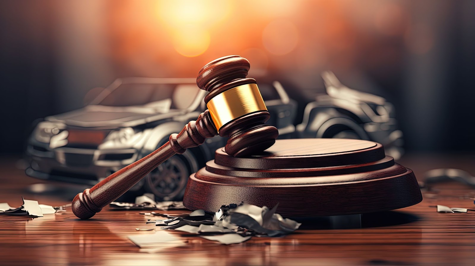  An image of a gavel sitting on a desk in front of two cars that have just been in a car accident.