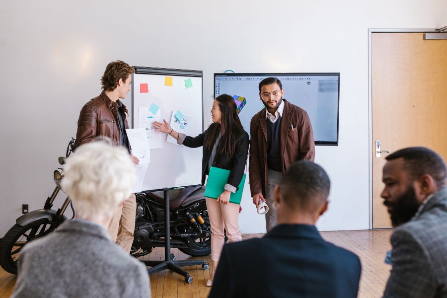 A group of people standing in front of a whiteboard