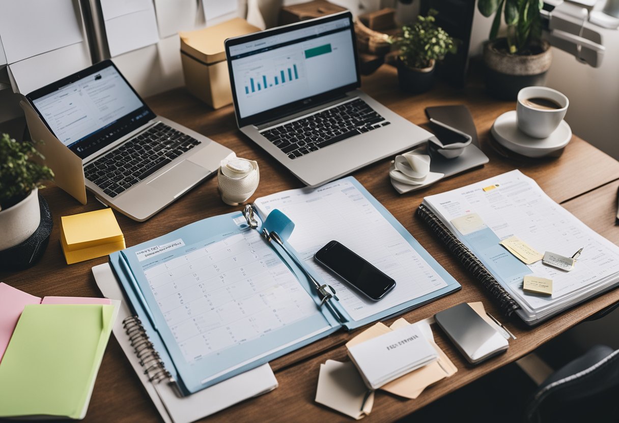 A cluttered desk with open travel guides, a calendar, and a laptop displaying flight options. Papers and sticky notes with lists of essentials scattered around