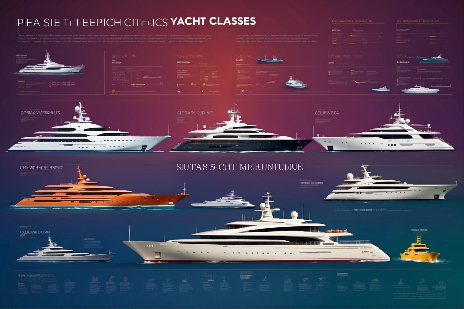 Infographic of various yacht classes against a gradient background.