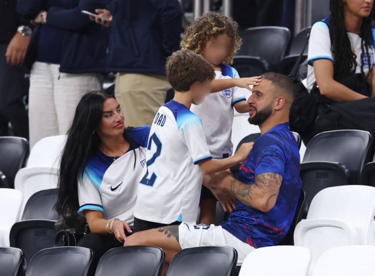 Kyle Walker with his wife and children after England’s game against Senegal at the 2022 FIFA World Cup in Qatar. 