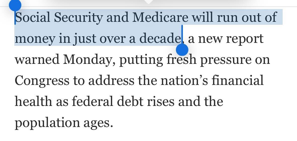 Screenshot from the Washington Post story saying: Social Security and Medicare will run out of money in just over a decade 