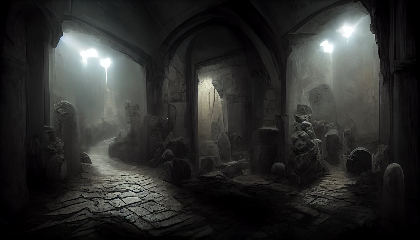 prompthunt: dark fantasy dungeon crypt hallway filled with sobwebs and  dust, coblestone floor, a piece of old parchment on the ground, spooky  lighting torches, noise removal