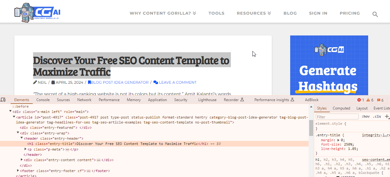 Content Gorilla blog showing h1 code