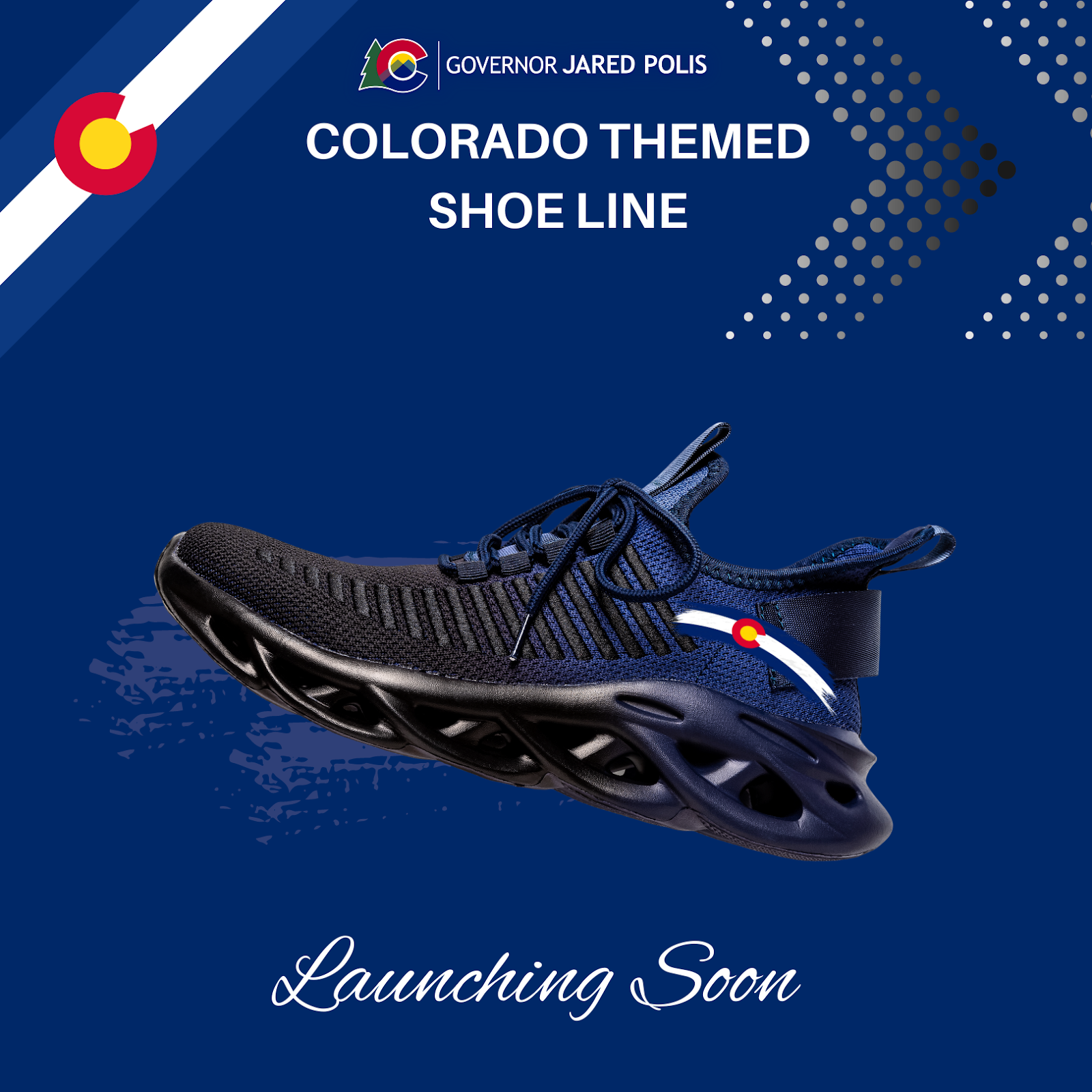 Colorado-themed shoe line. Black and blue running shoe with Colorado logo