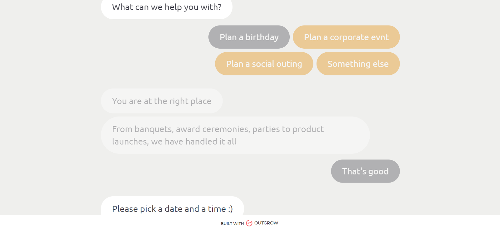 Outgrow's event planning chatbot