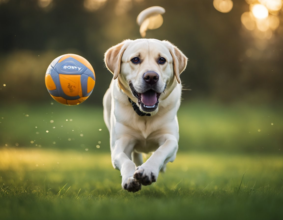 a labrador retriever playing fetch in the field