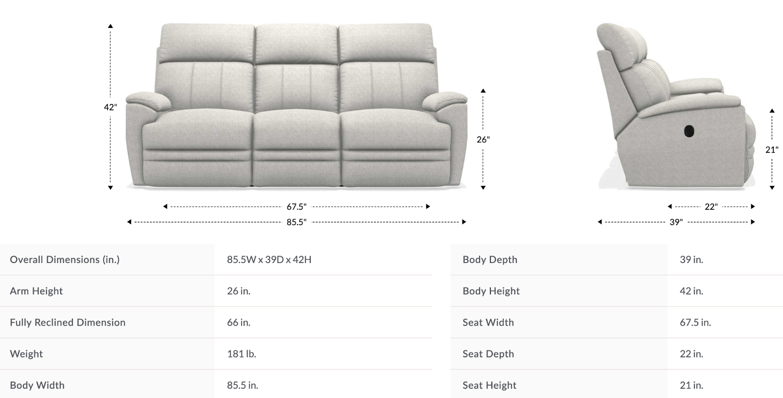 talladega reclining sofa dimensions